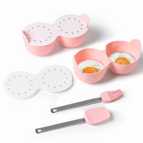 Egg Poacher Set of 2 - Silicone Egg Poaching Cups with Lid and Handle for Microwave Instant Pot & Stovetop, 2 Cavity Egg Steaming Cups Includes Brush & Spatula Kitchen Cooking Accessories (Pink)