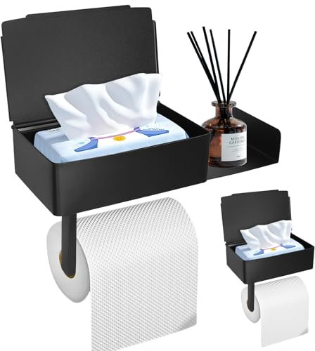 AUTOWNLUX Toilettenpapierhalter Ohne Bohren Klopapierhalter Edelstahl mit Feuchttücherbox Klorollenhalter mit Ablage Toilettenpapier Aufbewahrung für Toilette, Bad, Küche (Schwarz)