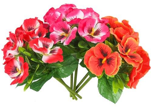 6 flores artificiales de pensamiento para exteriores, resistentes a los rayos UV, flores rojas de primavera falsas a granel para el hogar, centros de mesa, caja de ventana, patio, decoración de porche
