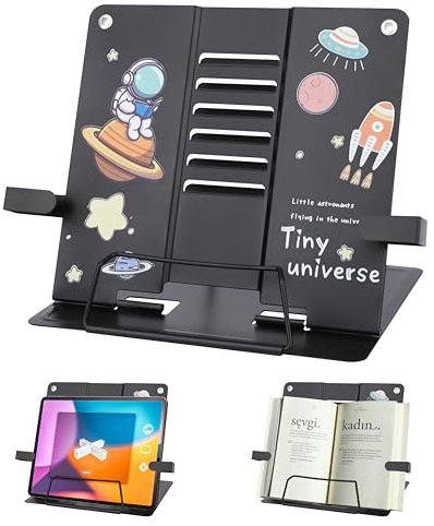 Buchständer Metall,Schwarz Multifunktional Buchständer Kinder Tragbar Astronaut Buchständer Schule,Verstellbar Buchhalter Leseständer für Schule Küche und Büro