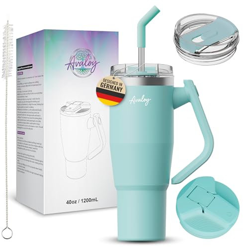 Avaloy auslaufsicher Thermobecher mit Griff und Strohhalm 40 oz Thermobecher Doppelwandiger Edelstahl Vakuum Tumbler für kalt Heiß Kaffeebecher To Go 1,2l Stanley Cup Zubehör (Türkis)