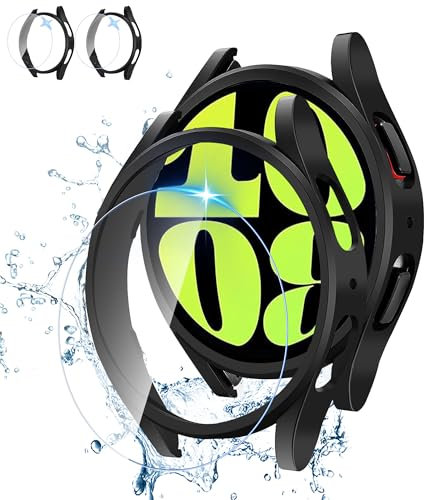 LINTEKER [2+2Pack for Samsung Galaxy Watch 6 44mm Screen Protector Case, Hard PC Bumper + HD Anti-Fog Tempered Glass Protective Film, Waterproof Face Cover Set for Galaxy Watch 6 44mm, Black