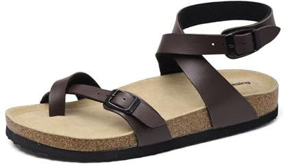 Mesing Sandales Tongs Femme Été Plates en Liège Mules avec Boucle Bride de Cheville Nu-pieds Confortable Cuir Suédé Pantoufles XZH12-Brown-EU38