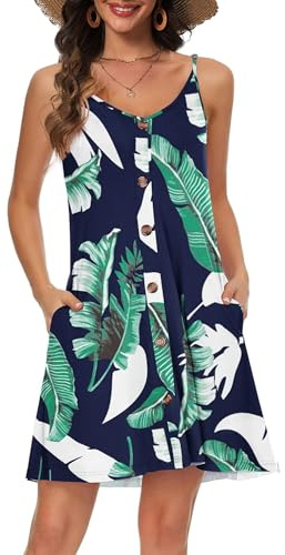 Koerye Robe D'été Femme Bretelles Spaghetti de Plage Robes Boutonné Col en V Décontracté Courte Plage Robe avec Poches