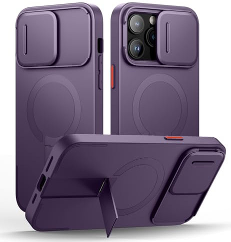 SURITCH Magnetic Case Compatible with iPhone 14 pro max, Shockproof Protective Cover with Slide Camera Cover and Adjustable Kickstand(Purple)