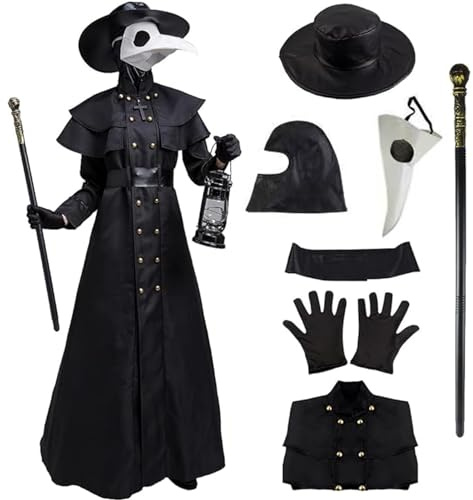 Esiaphia Pestdoktor-Kostüm Halloween 6-Tlg Renaissance Mittelalter Steampunk Mönch Priester Cosplay mit Maske, Hut, Robe, Stock