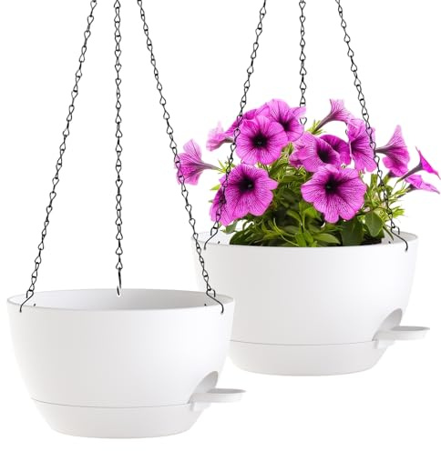 WOUSIWER Self-Watering Hanging Planters, Set of 2, Indoor Outdoor Plant Pots with Drainage System and Chains (White, 12 inch)