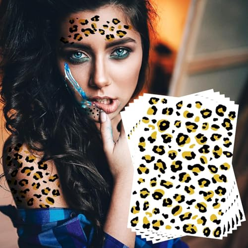 Leoparden Face Art Sticker, 6 Stück Leopard Gesichtstattoo Aufkleber, Selbstklebendes Temporäre Tattoo Set, für Karneval Halloween Party Make-up (A)