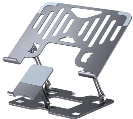 2 in 1 Laptop Stand Foldable Upgrade Carbon Steel Frame Dual Arm Height Adjustable Double Arm Reinforced Laptop Holder for Multiple Devices
