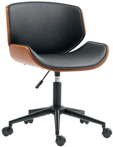 HOMCOM Silla de Oficina sin Brazos Vintage Giratoria Negro y Marrón | Silla de Escritorio, Tapizada en PU, Madera Curvada, Altura Ajustable, Respaldo Curvado