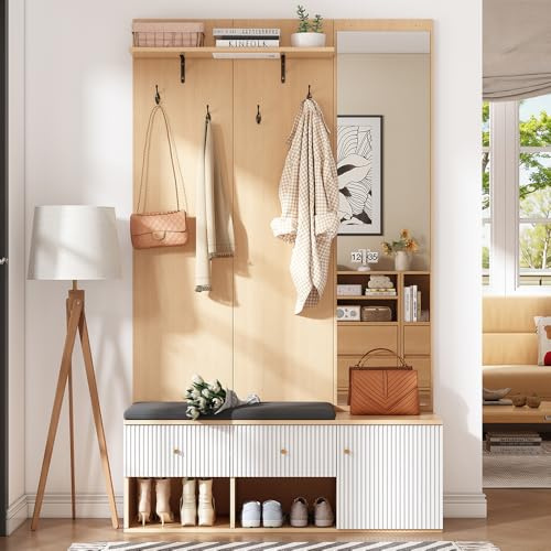 PUGSDRLY Ensemble Multifonctionnel de Rangement en Bois Comprenant Un Porte-Manteau avec Miroir, Un Banc à Chaussures, des tiroirs, des étagères et des Crochets à vêtements (120 * 40 * 200cm)