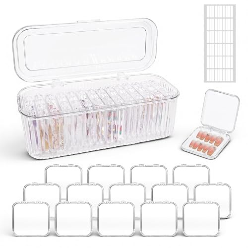 Press On Nails Packaging Boxes: 14Pcs Clear Press On Nail Storage Box and 1 Large Storage Box with 60Pcs Double Sided Tape for Women Nail Art Home Beauty Salon