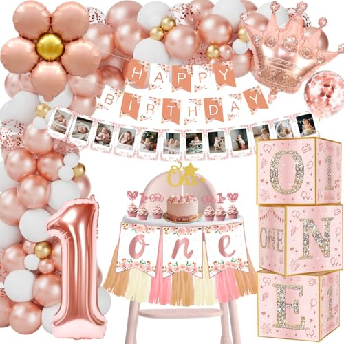 Decorazioni Compleanno 1 Anno, Palloncini 1 Anno, Set Completo per Festa Tema Oro Rosa, Banner, Cake Topper, Scatole “ONE”, Accessori per Primo Compleanno Bambina, Nappine e Topper Cupcake