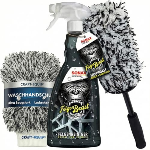 3 teiliges Felgenreinigungs-Set: Sonax Felgenbeast 1000ml und Craft-Equip Microfaser-Felgenbürste 51cm und Microfaser-Waschhandschuh - zur schonenden Reinigung von Alufelgen oder Stahlfelgen