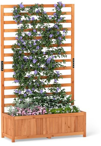 COSTWAY Jardinière Surélevée avec Treillis Vertical (Orange) | Bac à Fleurs en Bois de Sapin 150 CM avec Doublure et Trou de Drainage pour Plantes Grimpantes