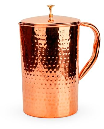 Caraffa in rame martellato puro al 99,99% con coperchio, per idratazione ayurvedica, design pesante senza cuciture fatto a mano, a prova di perdite, ampia apertura, nessun rivestimento interno