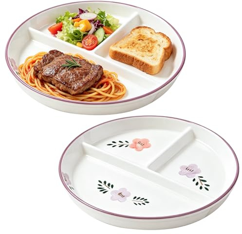 BYZESTY Assiette Compartiment Adulte,2 Pièces 20CM Assiette Divisée En Céramique,Assiettes Divisées En Céramique,Assiette Controle De Portion Pour Adultes,Salades,Desserts,Collations,Fêtes,Goûters