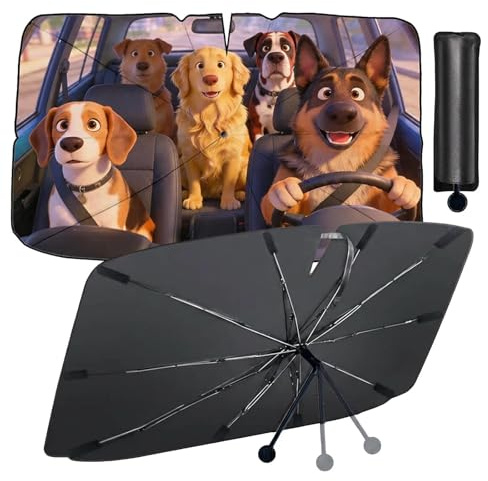 TFSZE Parasol Plegable de Coche, Paraguas para Parabrisas Delantero, Sombrilla con Protección UV,bloquea el 99,9% de los Rayos UV, para Coche, Todoterreno y camión(Perrito)