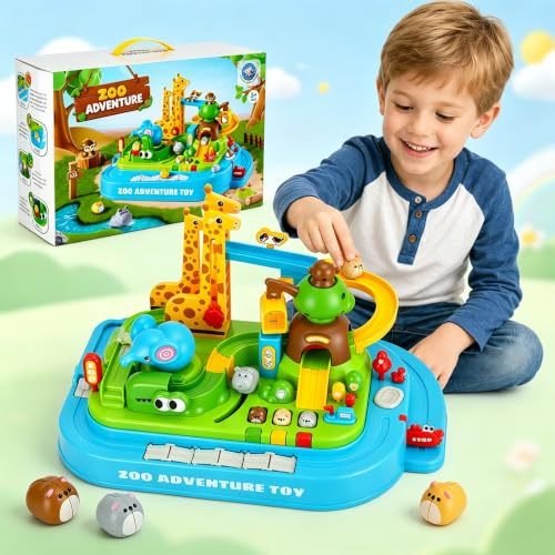 Autorennbahn Abenteuer Auto Set: Magnetische Hamster Fahrzeuge – 20-stufiges Tierpark Abenteuer ohne Batterien, Mechanisches STEM Lernspielzeug für Kinder ab 3 Jahre, Förderung Feinmotorik & Logik
