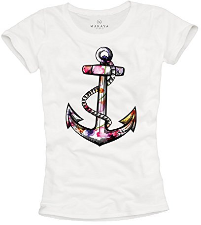 Anker T-Shirt für Frauen - weiß mit Buntem Druck - Größe L