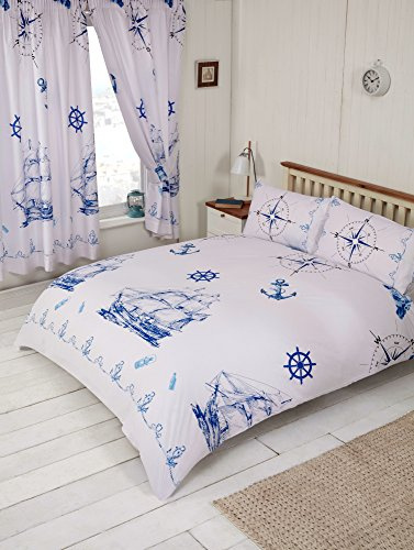My Home Double Bed Nautical Theme, Duvet/Quilt Cover Bedding Set, Boat Ship Anchor Wheel Compass Lamp Lighthouse Rope Bottle, Blue Navy White