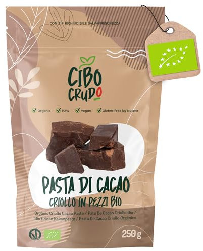 Pasta di Cacao Criollo in Pezzi Biologico - 250g. Cacao 100% Puro e Lavorato a Basse Temperature dal Perù. Contiene Antiossidanti e Minerali. Ingrediente per Dolci Biscotti e Torte.