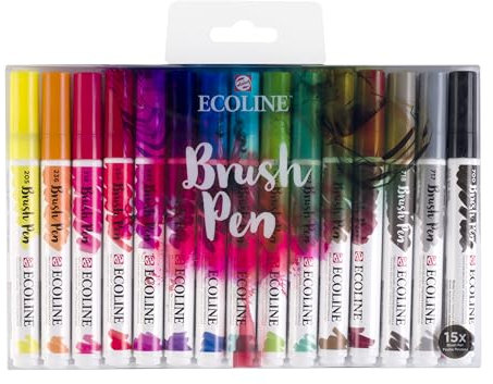 Ecoline Brush Pen-Set mit 15 flüssigen Aquarellstiften – Grundfarben | Mischbare Pinselstifte für Handlettering, Zeichnen und Basteln
