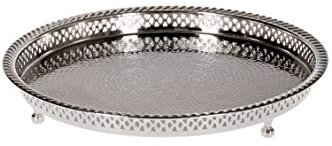 Orientalisches rundes Messing Tablett versilbert Mahra | Marokkanisches Teetablett in der Farbe Silber | Orient Silbertablett silberfarbig | Orientalische Dekoration auf dem gedeckten Tisch (Ø 32 cm)