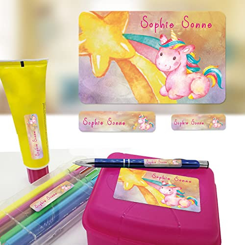 Sunnywall® Einhorn Unicorn Namensaufkleber Stife-Aufkleber Federmappe Kinder & Erwachsene Namen Sticker Aufkleber Sticker 79 Stück Schule und Kindergarten - wasserfest