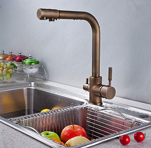 FZHLR Classic Bronzo Antico Spazzolato A Doppio Manico A 3 Vie Miscelatore Monocomando Per Lavello Rubinetto 2 All'Uscita Del Rubinetto Di Acqua Potabile Con Filtro Girevole A 360 Gradi