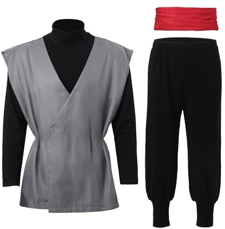 C-ZOFEK Mens Black Cosplay Costume Anime Kung Fu Suit with Red Belt Earring (Small)