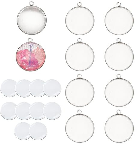 UNICRAFTALE 10 Sets 30mm Flache Runde Tablett Anhänger 304 Edelstahl Anhänger Cabochon Rohlinge Und Transparentem Glas Cabochon Für Frauen Halsketten Schmuckherstellung