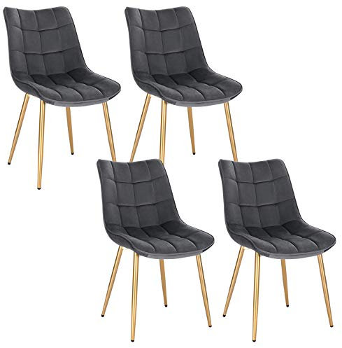 EUGAD 4X Esszimmerstühle 4er Set Küchenstuhl Polsterstuhl Wohnzimmerstuhl Sessel mit Rückenlehne, Samt Sitzfläche, Gold Beine, 0671BY-4, Grau