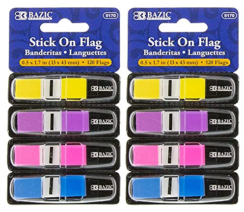 BAZIC Neon-Seitenmarkierer, 1,2 x 4,3 cm, neonfarbene PET-Etiketten, Haftnotizen, Lesezeichen, Dateiregister (120 Flaggen/Pack), 2 Packungen