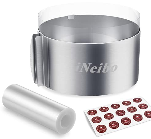 iNeibo Cake Ring and Cake Collar Set, 6 to 12 Inch Adjustable Cake Mousse Mould Set with 6inch Clear Cake Roll, Stainless Steel Pastry Ring, Mousse Ring, Ring Mold for Baking