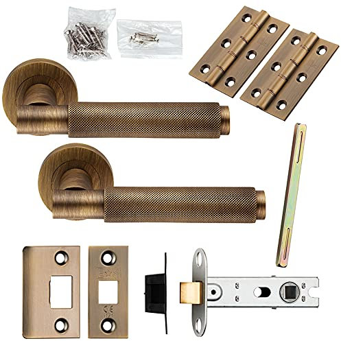 Door Handle & Latch Pack - Antique Brass Knurled Round Bar Screwless Round Rose | Complete Matching Set for 1x Interior Door - Handle, Hinges & Tubular Latch Strike Plate | Screws & Fixings Included