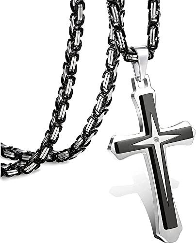Milacolato Kreuz Kette Halskette Herren Edelstahl Schwarz Byzantinische Kreuz Anhänger Gläubige Ketten Kruzifix Pendant Necklace Schmuck 56cm