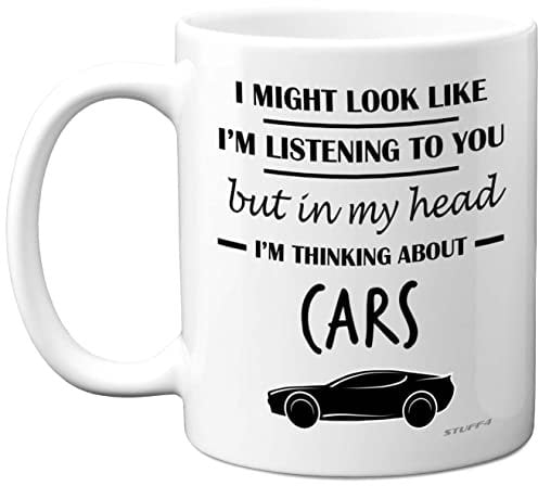 Stuff4 Regalo per gli appassionati di auto – in My Head I'm Thinking About Cars – divertente tazza classica per auto, regalo per gli amanti delle auto, regali con testa di benzina, tazza in ceramica