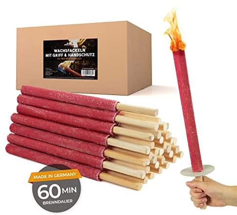 Bolson Wachsfackeln 60 Min (10 Stück) Gartenfackel aus Wachs mit Handschutz & Griff für Kinder & Erwachsene - in Deutschland hergestellte Fackel für Draußen - ideal f. Fackelwanderung, Garten, Outdoor