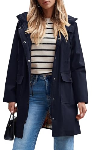Wasserdichte Regenjacke für Damen, leichter Regenmantel, mit Kapuze, Windbreaker, Trenchcoat (Marineblau, Größe L)