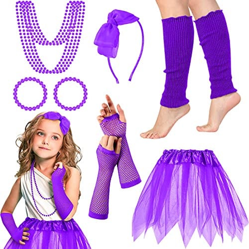 Boyiee 10 Pcs 80s Costume Accessories for Women Neon Tutu Leg Warmers Fishnet Gloves Fancy Dress for Women(Purple)