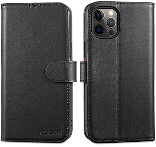 LENSUN Case for iPhone 12 Pro Max, Genuine Leather Wallet Flip Phone Cover [RFID Blocking] with Card Holder and Magnetic Closure for Apple iPhone 12 Pro Max - Black