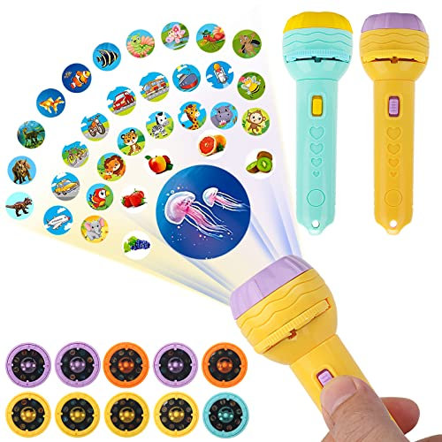 Taschenlampen Projektor für Kinder, 2 PCS Projektor Taschenlampe, Kinder Projektor Taschenlampe, Kinderprojektoren mit 80 Bilder, Kind Gute Nacht Geschichte Spielzeuge