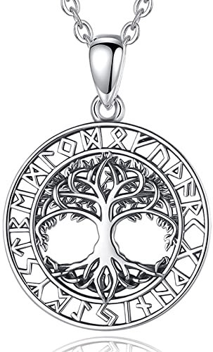 925 Silber Anhänger Lebensbaum Yggdrasil im Runenkreis mit Edelstahl Kette und Schmuckbeutel I Weltenbaum Baum des Lebens Wikinger