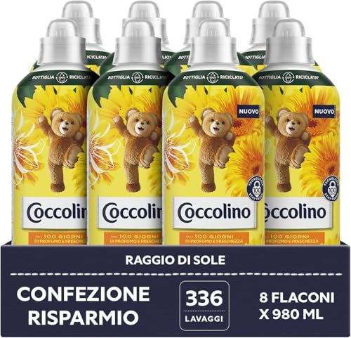 Coccolino Weichspüler Konzentrat Sonnenstrahl, Weichspüler Waschmaschine mit Stay Fresh Technologie, Duft Orange, Jasmin und Bernstein, Format bis zu 336 Waschgänge, 8 Stück à 980 ml