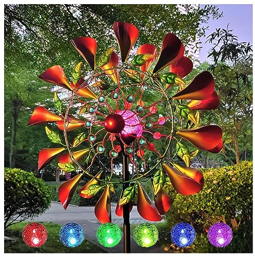 JUNZAI Solar Windrad Garten, 210 cm Magische WindmüHle Aus Metall, DoppelflüGel-WindmüHle Windrad FüR DraußEn, FüR Terrasse Und Garten