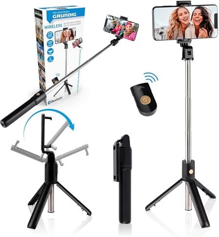 Grundig Perche à Selfie et Trépied - Trépied Smartphone - avec Télécommande Bluetooth - Smartphones de 58 à 100 MM - Extensible de 19 à 70 CM - Plastique - Noir