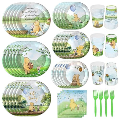 168-teiliges Winnie Bear Babyparty-Tischdekoration, Puuh-Teller, Servietten, Geburtstagsparty-Zubehör, Papiergeschirr-Set, Tassen, Gabeln, Aquarell, Vintage-Bär, Jungen, Neugeborene, Kinder für 30