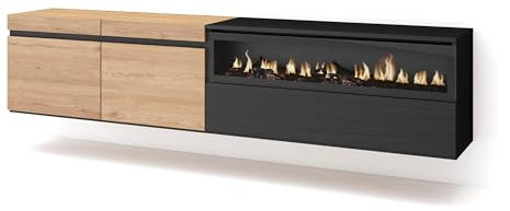 Skraut Home | TV-Schrank, Lowboard | für Wohnzimmer und Esszimmer | 200x45x35cm | Für TV-Geräte bis zu 80 | Elektrokamin. Maße | Hängend | Moderner Stil | Eiche Schwarz