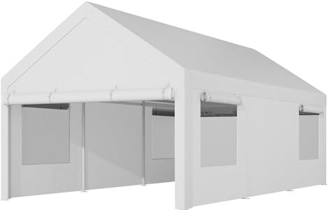 Shintenchi Garage portatile con pareti laterali rimovibili, porta e finestre ventilate, resistente ai raggi UV, impermeabile, per esterni e per tutte le stagioni, 3 x 6 m, colore: bianco